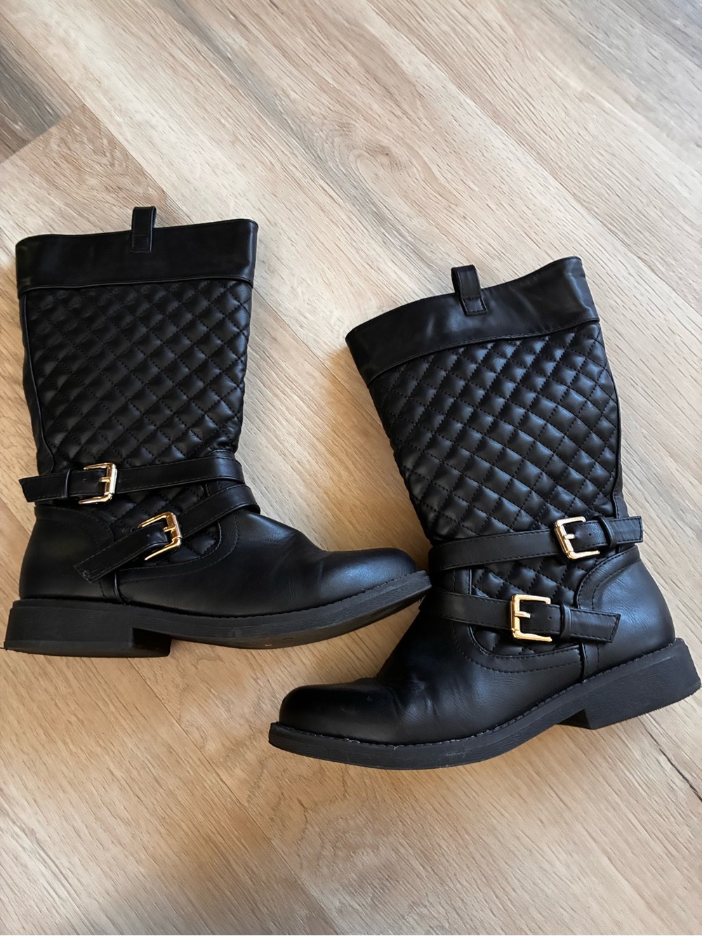Dream Pairs Black Quilted Mid-Calf Lace-Up Boots with Gold Buckles